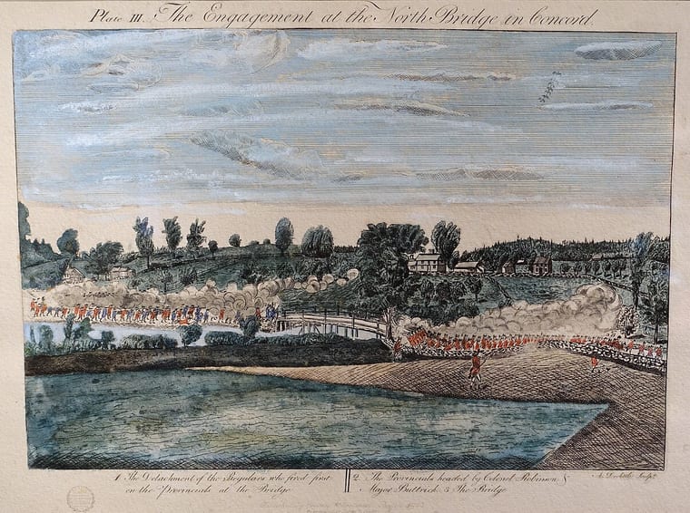 The namesake: the engagement at Concord's North Bridge, 19 April 1775 — engraved by Amos Doolittle after Ralph Earl.